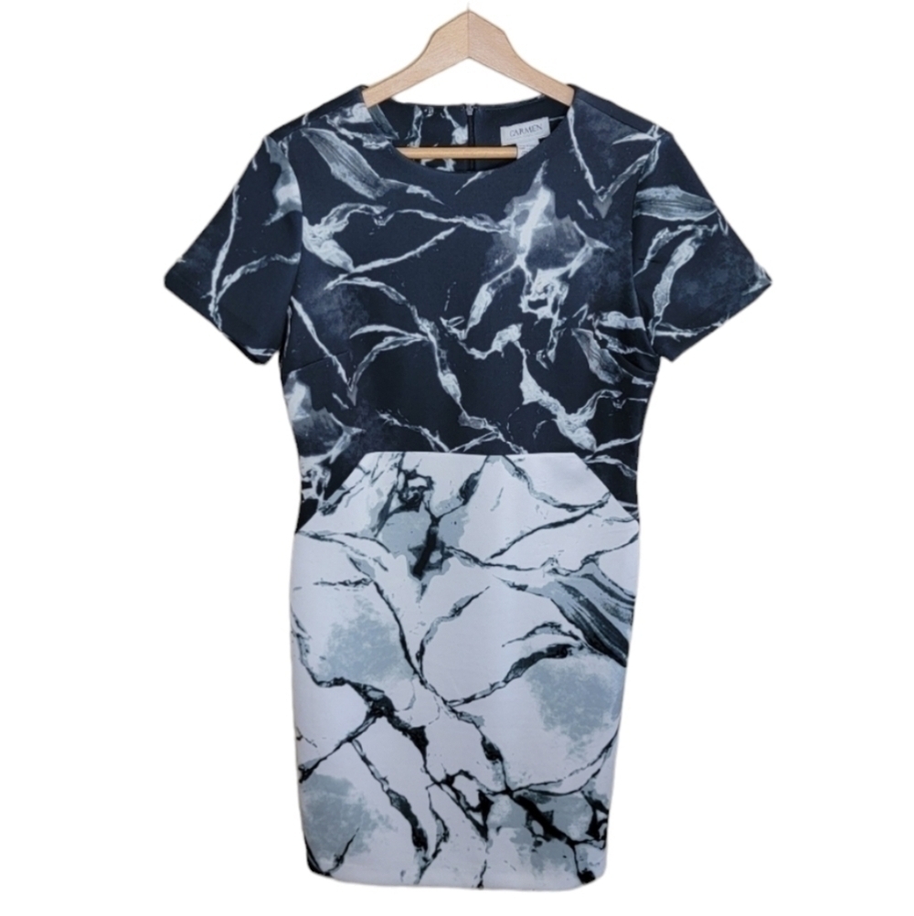 Carmen Marc Valvo Black White Gray Marble Sheath Scuba Dress Size 10
